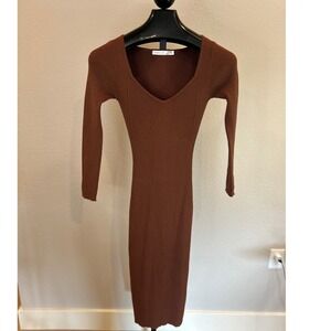 Altar State Ribbed Knit Midi Dress Long Sleeve Brown V Neck Stretch Women's S